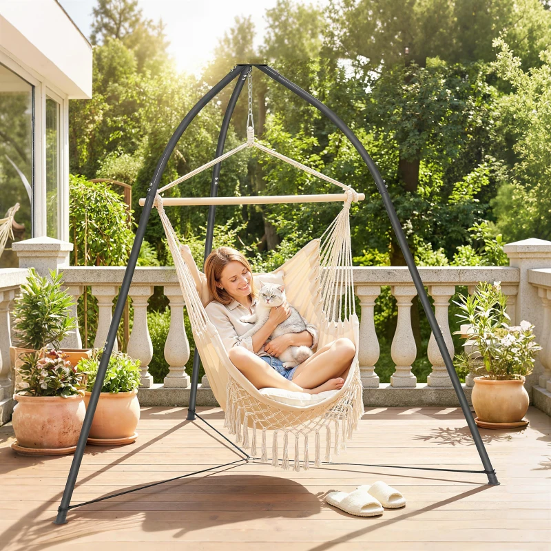Outsunny Soporte para Silla Colgante Triangular con Cadena Ajustable Base Estable para Patio Jardín Carga 150 kg Negro
