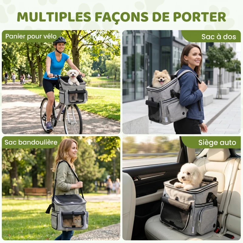 PawHut Panier de Vélo Avant Portable pour Chiens Chats, Laisse de Sécurité, Couvercle Détachable, 33x26x35cm, Gris Clair