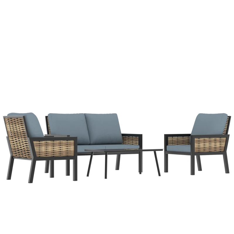 Outsunny 4 Seater Rattan Garden Furniture Set with 2 Armchairs, Loveseat, Coffee Table, Garden Sofa Set with Cushions, Grey