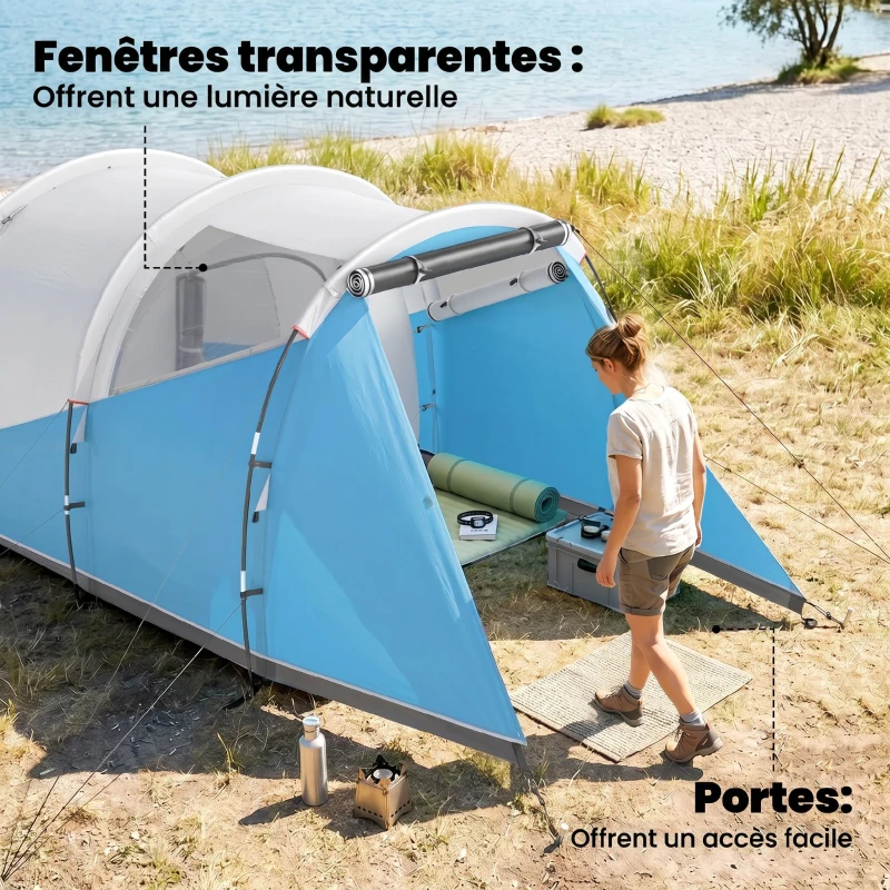 Outsunny Tente de camping familiale 3 personnes, tente tunnel imperméable, 2 portes fenêtres, ventilée 4,6 x 2,6 x 1,9 m, bleu