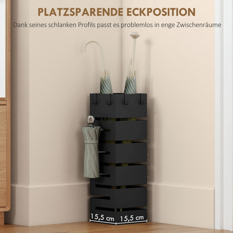 HOMCOM Parapluhouder, metalen standaard voor paraplu's, vrijstaande parapluhouder met haken en opvangschaal, plaats voor 8 paraplu's, Zwart
