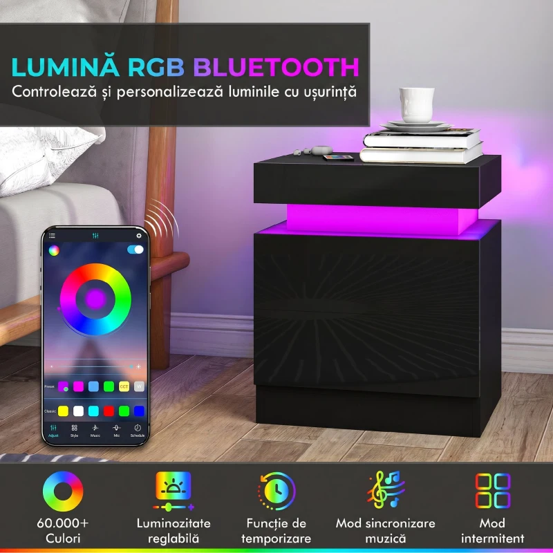 HOMCOM Set 2 Noptiere cu LED și 4 Moduri, 2 Sertare, Lemn, 45x35x52 cm, Negru Lucios