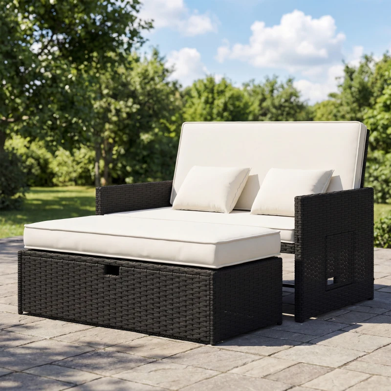 Outsunny Rattan Garden Daybed, Double Sun Lounger with 5-Level Adjustable Back, Storage Ottoman, Cream White
