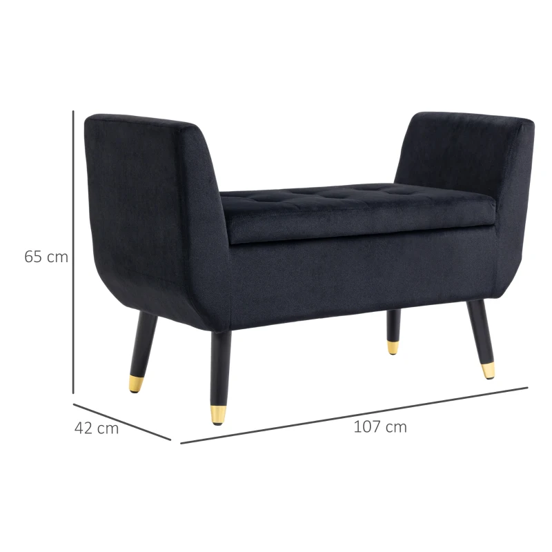 HOMCOM luxe bank gestoffeerde bank met opbergruimte armleuningen bank fluweelzacht polyester rubber hout zwart 107 x 42 x 65 cm(m-3)