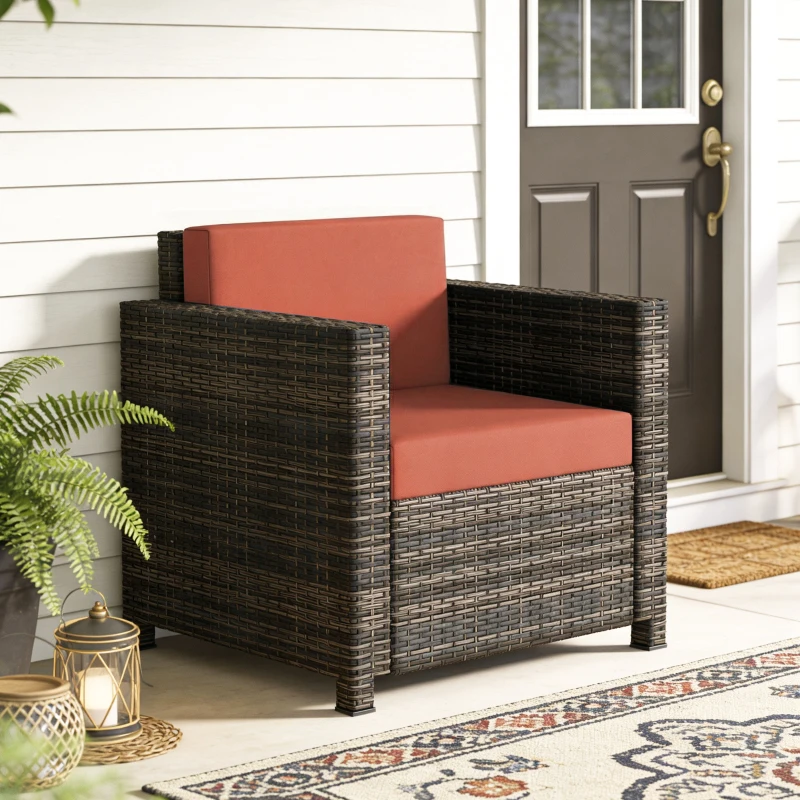 Outsunny PE Rattan Garden Armchair with Cushion - Mixed Brown/Orange