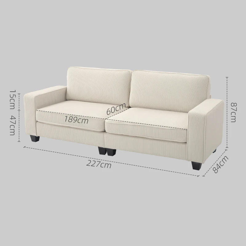 HOMCOM 3-zitsbank met cordstof, woonkamerbank met veerkern, tot 400 kg, 227 x 84 x 87 cm, crèmewit