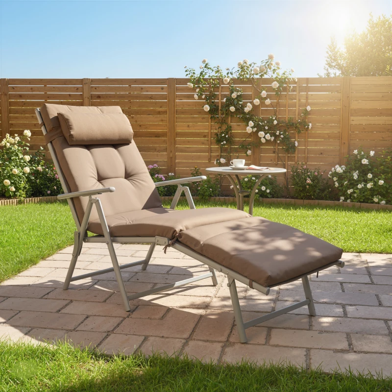 Outsunny Inklapbaar Ligbed Tuin Metalen Frame, Comfortabele Ligstoel Met Kussens, bruin