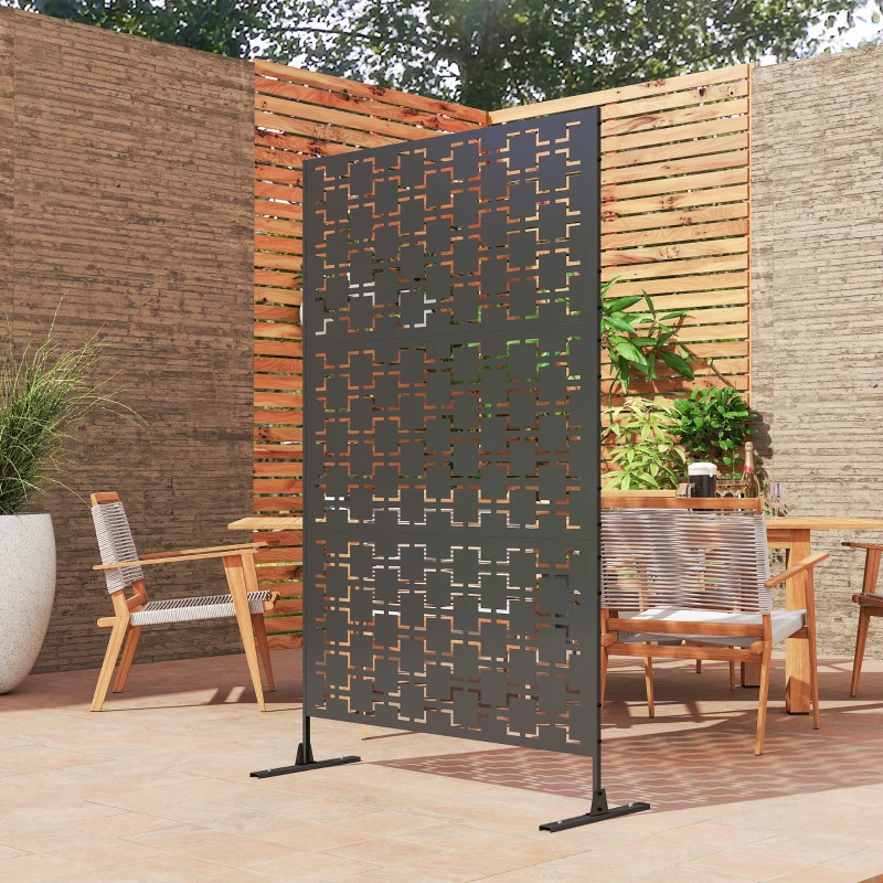 Outsunny Metal Decorative Privacy Screen Outdoor Divider, Black Grid