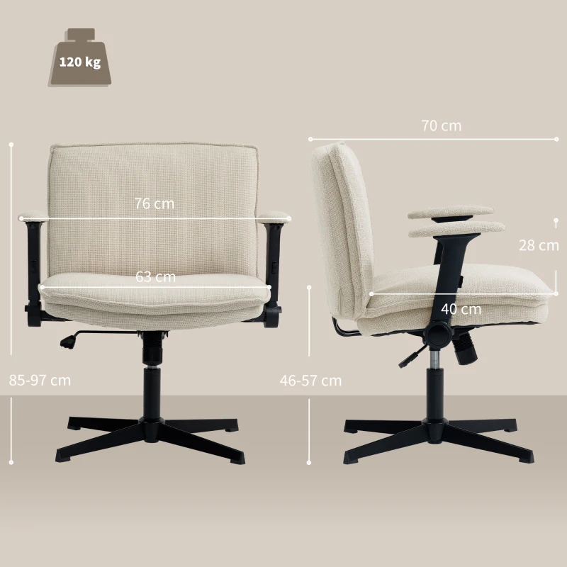 HOMCOM Cadeira de Escritório com Apoios de Braço Rebatíveis Assento  Altura Ajustável  Função Basculante 76x70x85-97 cm Creme