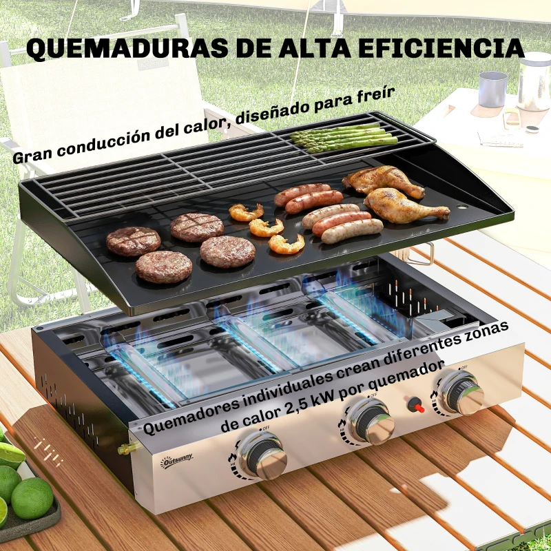 Outsunny Barbacoa de Gas con 3 Quemadores 7,5 kW Barbacoa Portátil con Plancha Rejilla Calentadora y Recogedor Grasa Negro