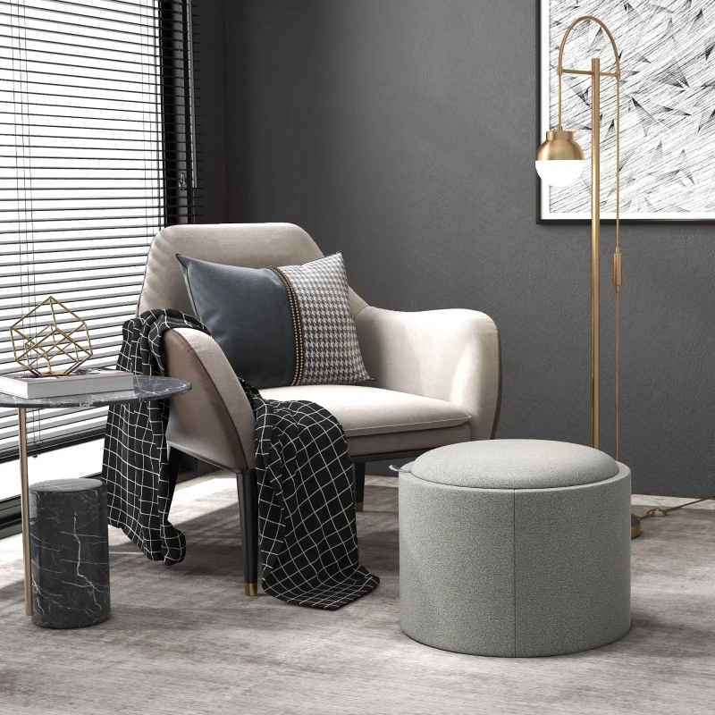 HOMCOM Ronde Opbergpoef met bekleding, linnen, verborgen opbergruimte, omkeerbare deksel, 56 cm x 56 cm x 42 cm, Grijs + Natuurlijk