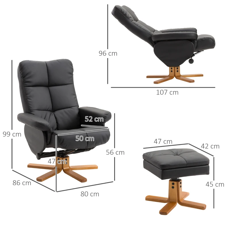 HOMCOM Relaxstoel met kruk tv-stoel 360° draaibaar ligfunctie hout zwart