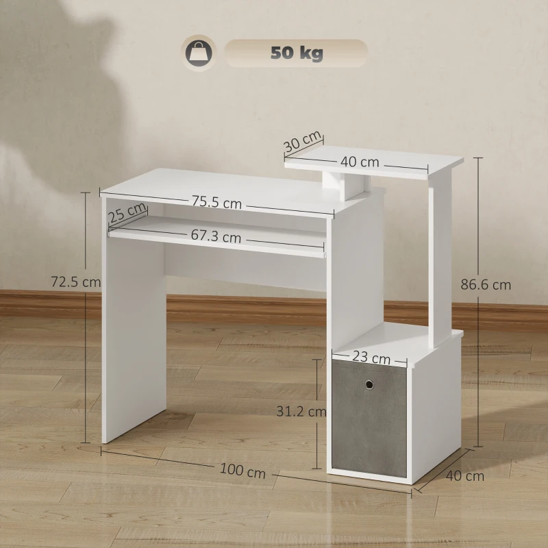 HOMCOM Scrivania Moderna per PC con Mensola Porta Tastiera, Ripiano e Cassetto in Tessuto, in Legno, 100x40x86.6cm, Bianco
