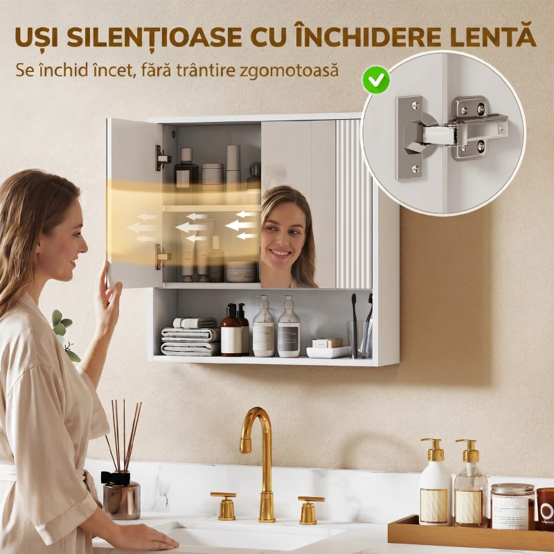 HOMCOM Dulap de Baie Suspendat, Uși Soft-close, Raft Reglabil, 60 x 16 x 60 cm, Alb