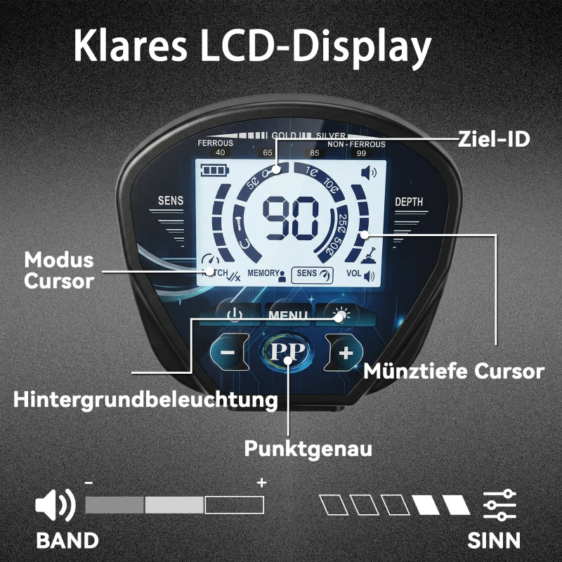 Outsunny Metaaldetector IP68 Waterdicht Metalenzoeker met 3 Modi, Koptelefoon, Schep, Spoel, LCD-scherm, 7 cm Detectiediepte