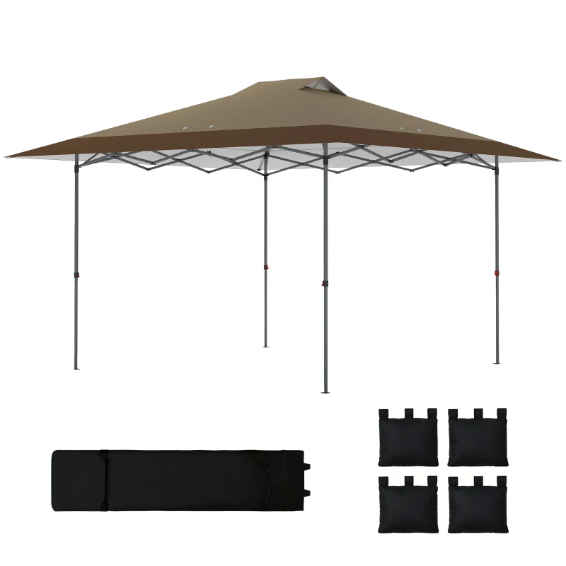 Outsunny Tenda Dobrável Pop-up 4x4 m com Bloqueio Central UPF50+ Altura Ajustável Sacos de Areia e Bolsa com Rodas Bege e Castanho