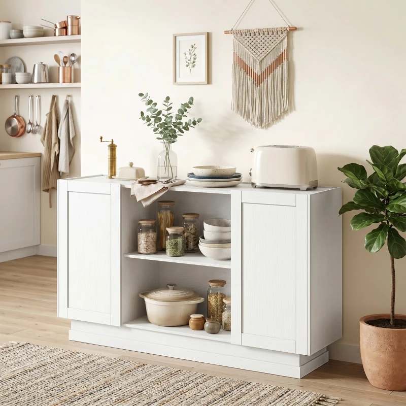 HOMCOM Sideboard Buffet Cabinet, 133 cm Storage Cabinet with 2 Open Shelves, 2 Cupboards and Soft Close Doors, White