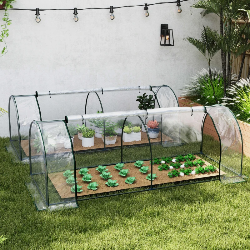 Outsunny Set of 2 Tunnel Greenhouse, Green Grow House with Roll-up Door, Steel Frame, Plastic Cover for Garden, Outdoor, 250 x 100 x 80cm, Clear