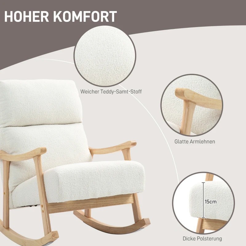 HOMCOM Schommelstoel met rugleuning, houten poten, relaxstoel met teddystof, comfortabele stoel voor woonkamer, slaapkamer of balkon, crème wit(m-6)