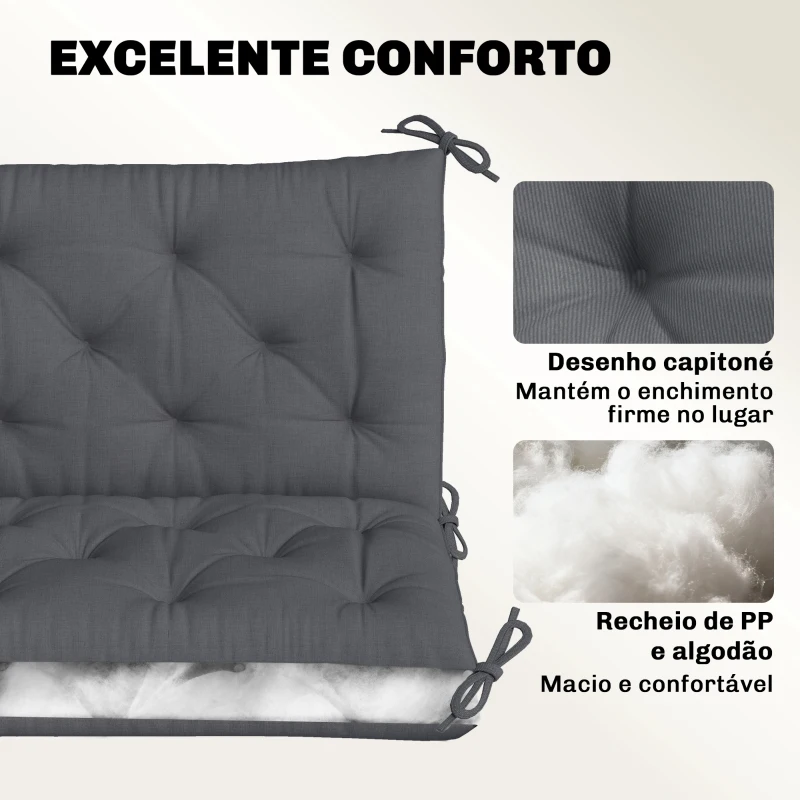 Outsunny Almofada para Banco de Jardim com Encosto, 100x98x8 cm, Almofada de Banco de 2 Lugares para Interior e Exterior com Enchimento Espesso e Tiras de Fixação, para Baloiço, Terraço, Varanda Cinzento Escuro