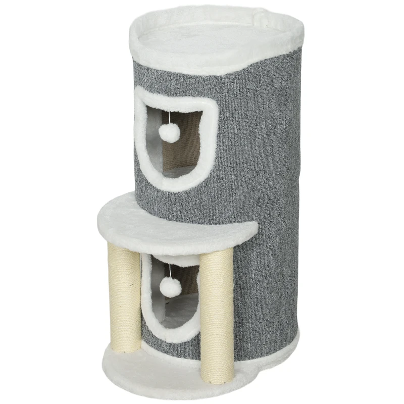 PawHut Árbol Rascador para Gatos Árbol para Gatos 76 cm con Cama 2 Cuevas Postes de Sisal Alfombra Bolas para Jugar Gris