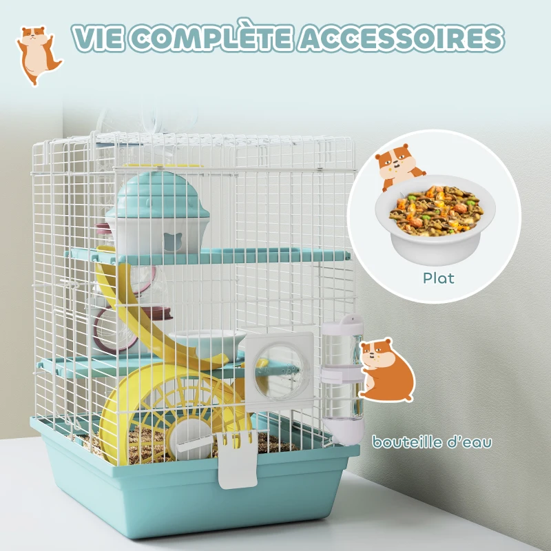 PawHut Cage hamster, cage rongeur à 3 niveaux, avec roue d'exercice, tunnel de jeu, gamelle, cabane, 34,5 x 27,5 x 41 cm, bleu