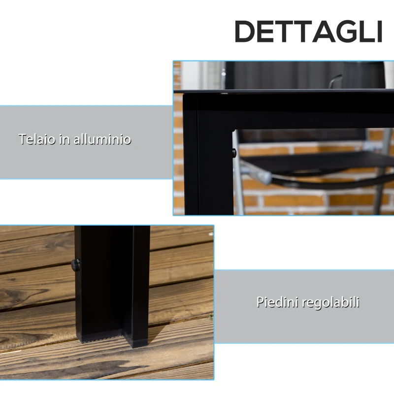 Outsunny Tavolo da Giardino Rettangolare per 6 Persone con Piano in Vetro e Alluminio, 150x90 cm, Nero