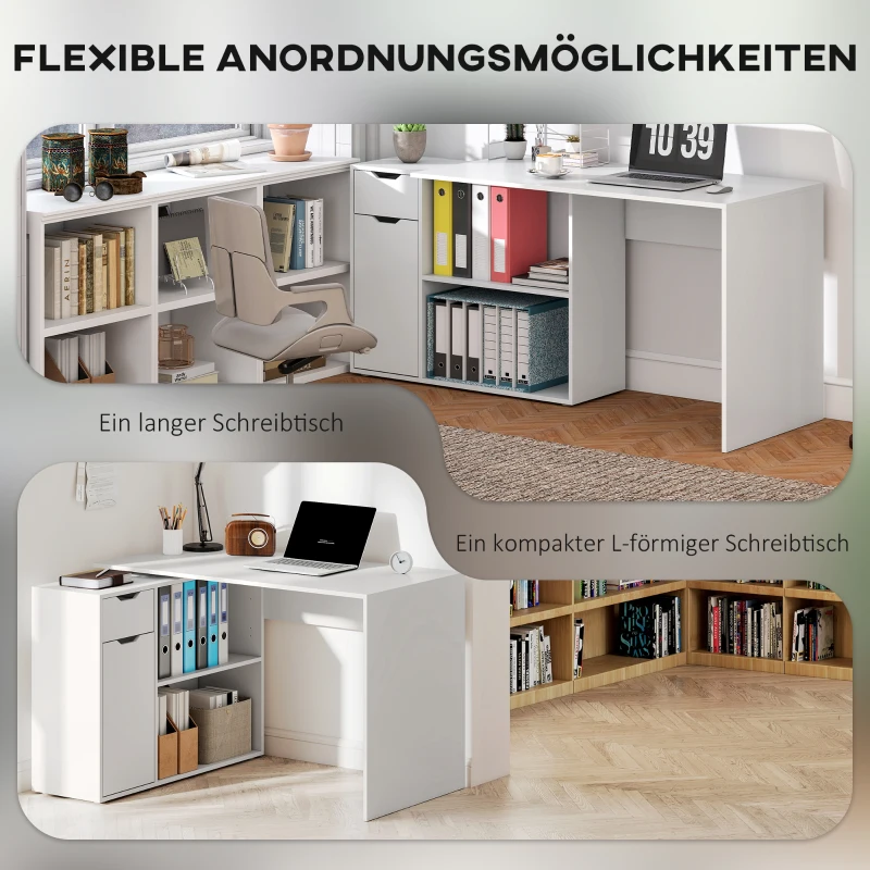 HOMCOM Flexibel bureau, 2-laags kast, lade, open vakken, hout, Wit(m-5)