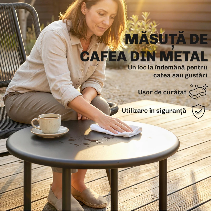 Outsunny Set Mobilier Grădină Ratan 4 Piese, Canapea pentru Exterior cu Măsuță Metalică, Negru