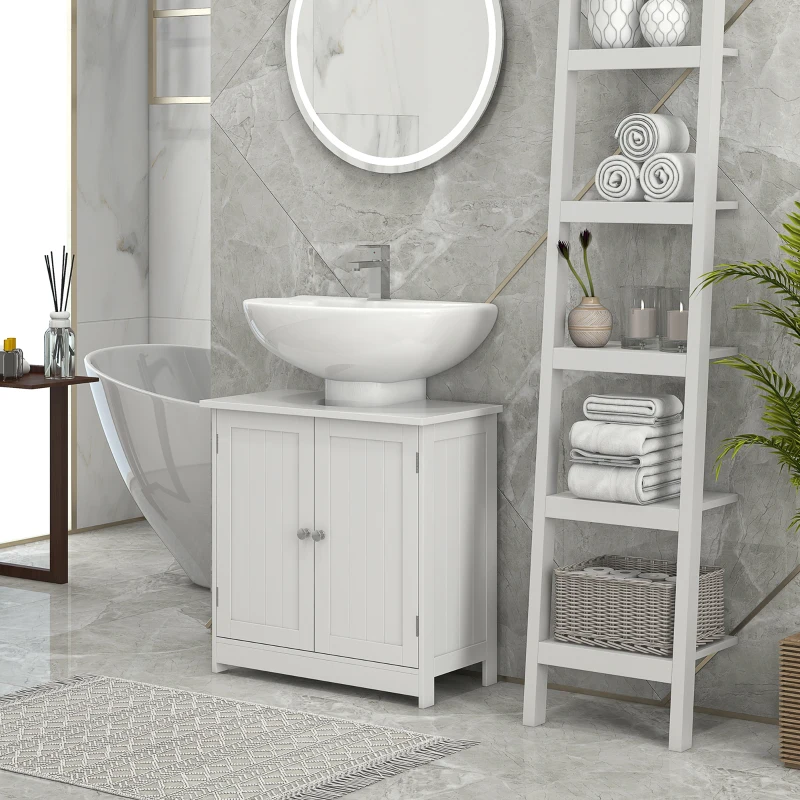 HOMCOM Mobile Sottolavabo per Bagno con Ripiano Regolabile, Mobiletto Sottolavabo con Intaglio a U e 2 Ante, Mobile Bagno Salvaspazio, Adatto a Lavabi con o Senza Colonna, 60x30x60 cm, Bianco
