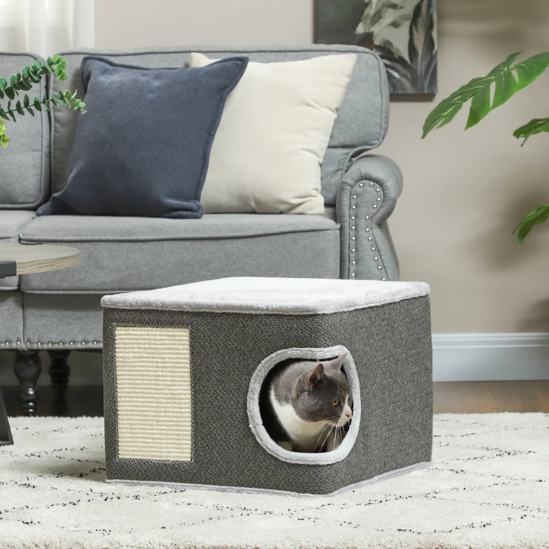PawHut Tonneau griffoir chat arbre à chat avec plate-forme supérieur, en peluche et sisal 45 x 45 x 35 cm gris anthracite