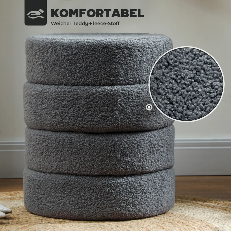 HOMCOM Hocker, rond, teddyfleece, metalen frame, tot 120kg, Φ40x45H cm, Donkergrijs(m-4)