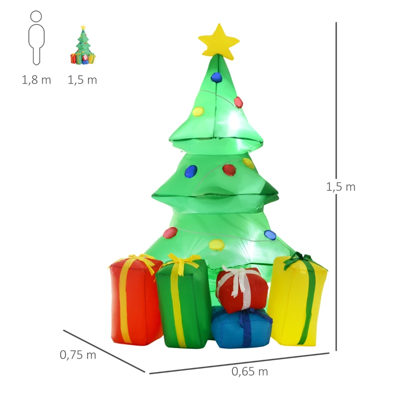 HOMCOM Opblaasbare Kerstdecoratie met LED-licht, Cadeaus, 150 cm Waterdicht voor Kerstfeesten