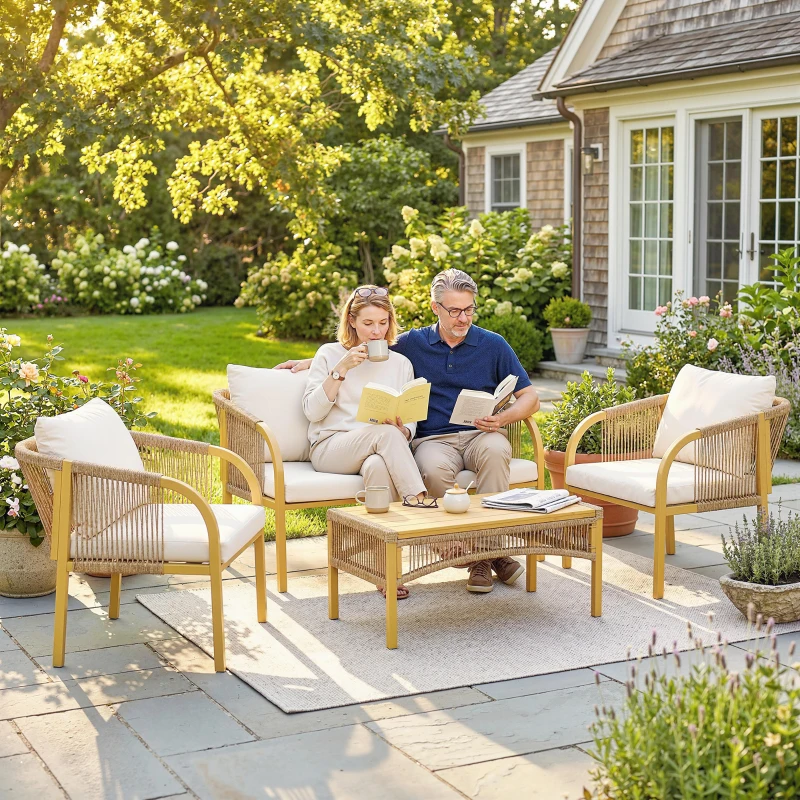 Outsunny Salon de Jardin Extérieur 4 Pièces avec Canapé 2 Fauteuils Table Coussins, Acier Résine Tressée, 120x72x73cm, Kaki