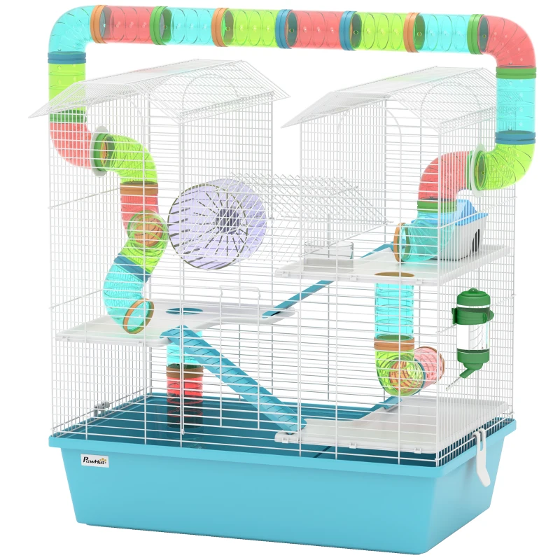 PawHut 4 Tier Hamster Cage w/ Tubes, Exercise Wheel, Hut, Water Bottle, Food Dish, Ramps, for Dwarf Hamster, Light Blue