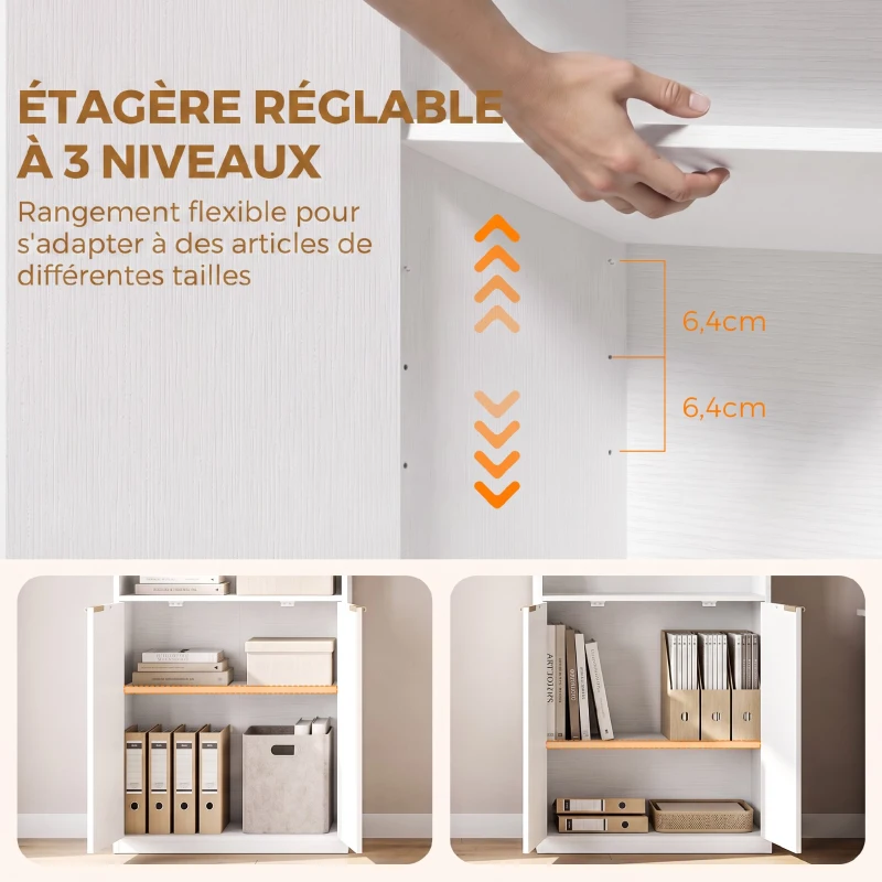 HOMCOM Bibliothèque à 6 Niveaux, Meuble de Rangement, 60 x 24 x 182 cm avec 4 Compartiments Ouverts et 2 Portes, Blanc