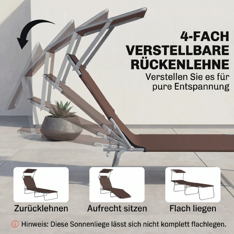 Outsunny Klapbare ligstoel met zonnescherm, verstelbare rugleuning, metalen frame, 187 x 58 x 36 cm, bruin