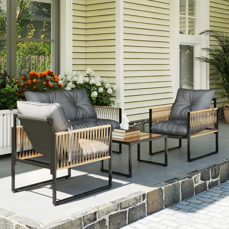 Outsunny Ensemble salon de jardin 4 pièces canapé 2 places 2 fauteuils et 1 table basse plateau verre trempé 3 coussins - gris