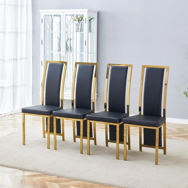 Chaise de salle à manger minimaliste européenne, bordure dorée 3D et dossier haut ergonomique, 44x42.7x109 cm, Noir+Doré