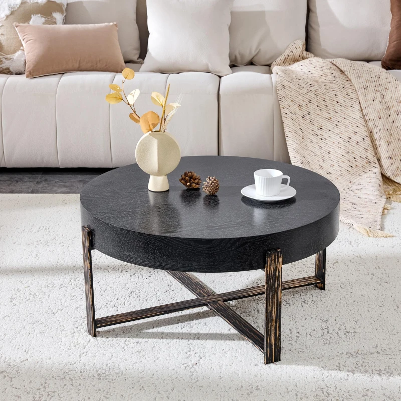 Table basse ronde style rétro‑industriel, stable et résistante, patins antidérapants et protège‑sol, 68x68x36 cm, Noir