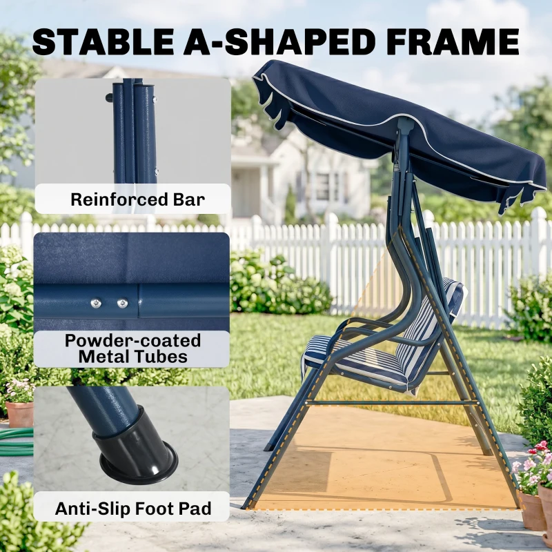 Outsunny 3 Seater Garden Swing Seat Chair Outdoor Bench with Adjustable Canopy and Metal Frame, Blue Stripes