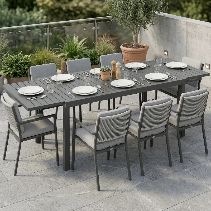 Outsunny Mesa de Jardín Extensible 150/225x85x75 cm Mesa de Comedor de Aluminio con Tablero de Listones para 6-8 Personas Gris