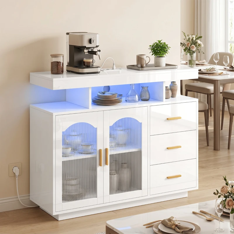HOMCOM Dressoir met ledverlichting, ingebouwde stopcontacten, 3 lades, planken en 2 acryldeuren, hoogglans wit