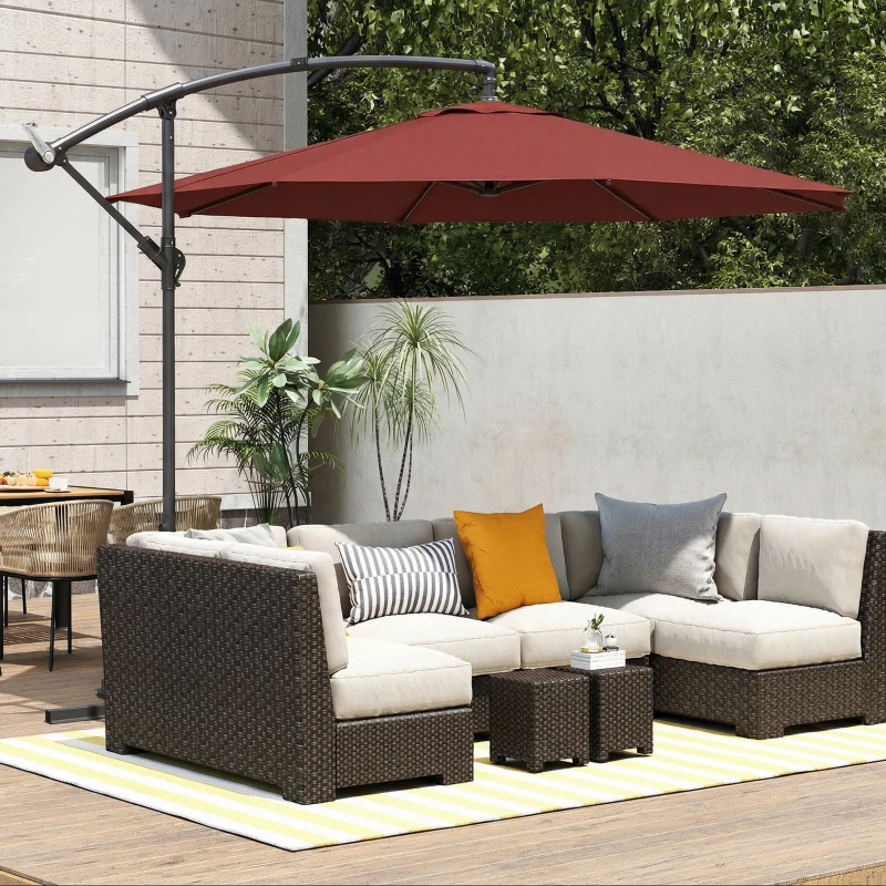 Outsunny 3 m Overhanging Cantilever Parasol, with Cross Base - Wine Red
