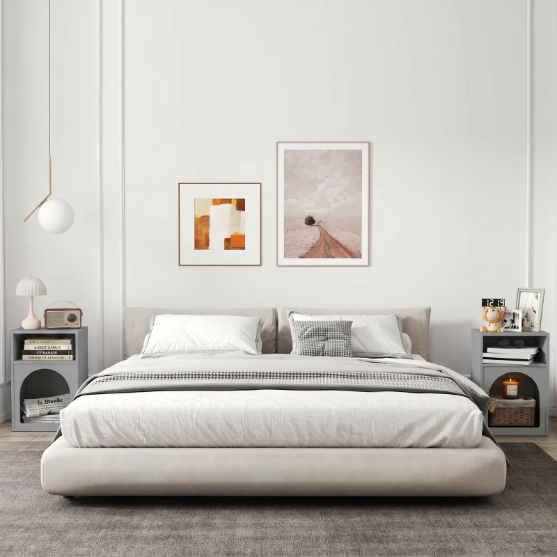 HOMCOM Lot de 2 tables de chevet, table de nuit avec compartiments ouverts, design arqué, 40 x 30 x 60 cm, gris
