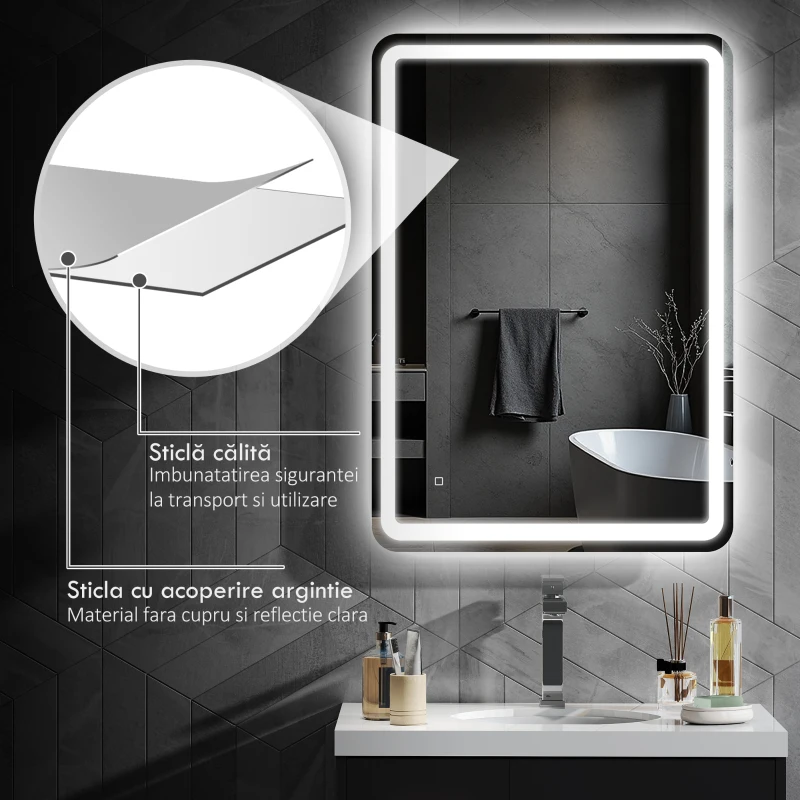 HOMCOM Oglindă de Baie cu Comutator Touch, Lumină LED la 3 Temperaturi și Antiaburire, 70x100cm