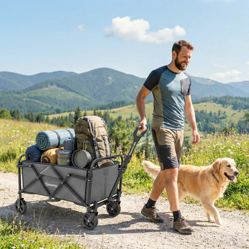 Outsunny Chariot de Jardin Charrette de Transport Pliable Tout-Terrain 66L Charge 68kg Poignée Réglable 81 x 45 x 89 cm Gris