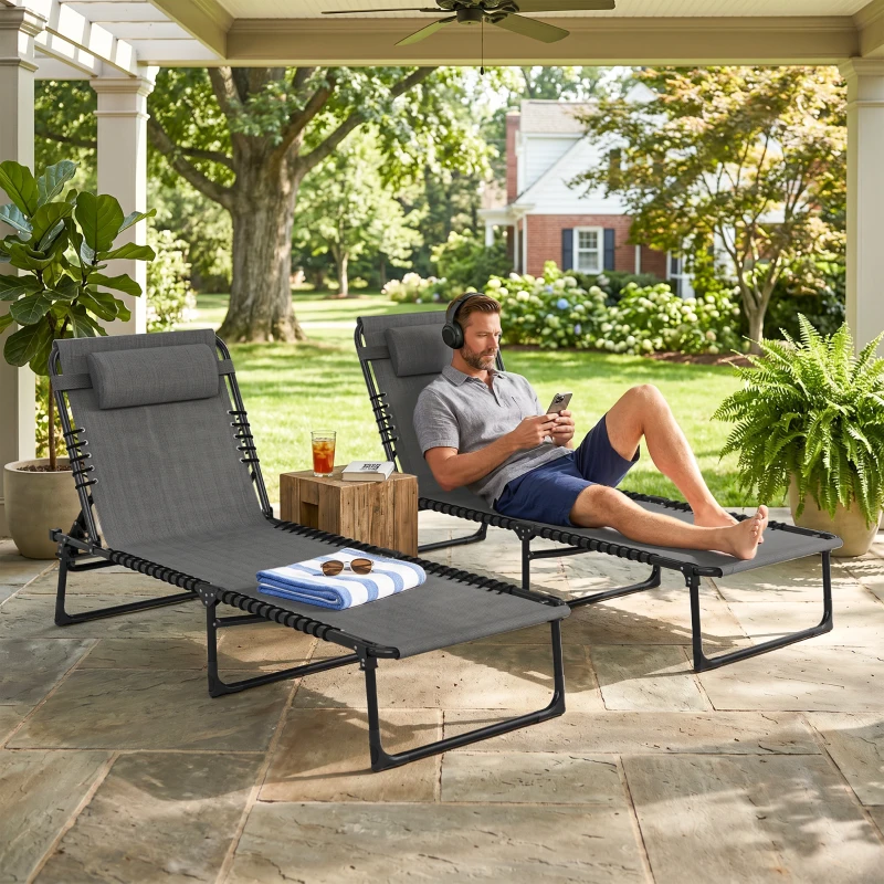 Outsunny Set of Two Folding Sun Loungers, with Four-Position Backs - Grey