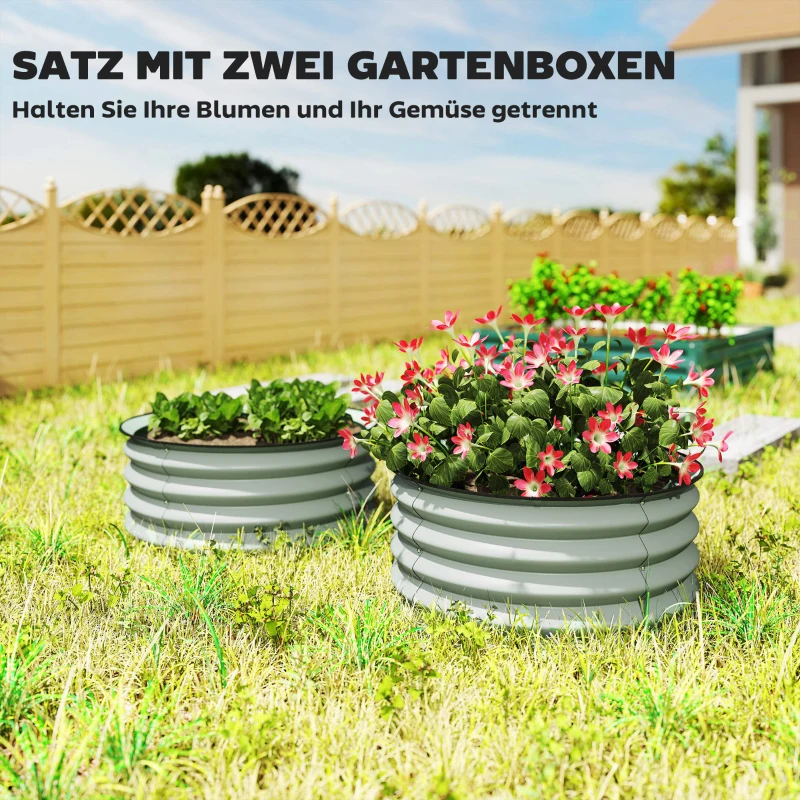 Outsunny 2-delige Set Verzinkte Plantenbakken, Ø60 x 30H cm Bloempotten met Open Bodem voor Verschillende Planten, Groen