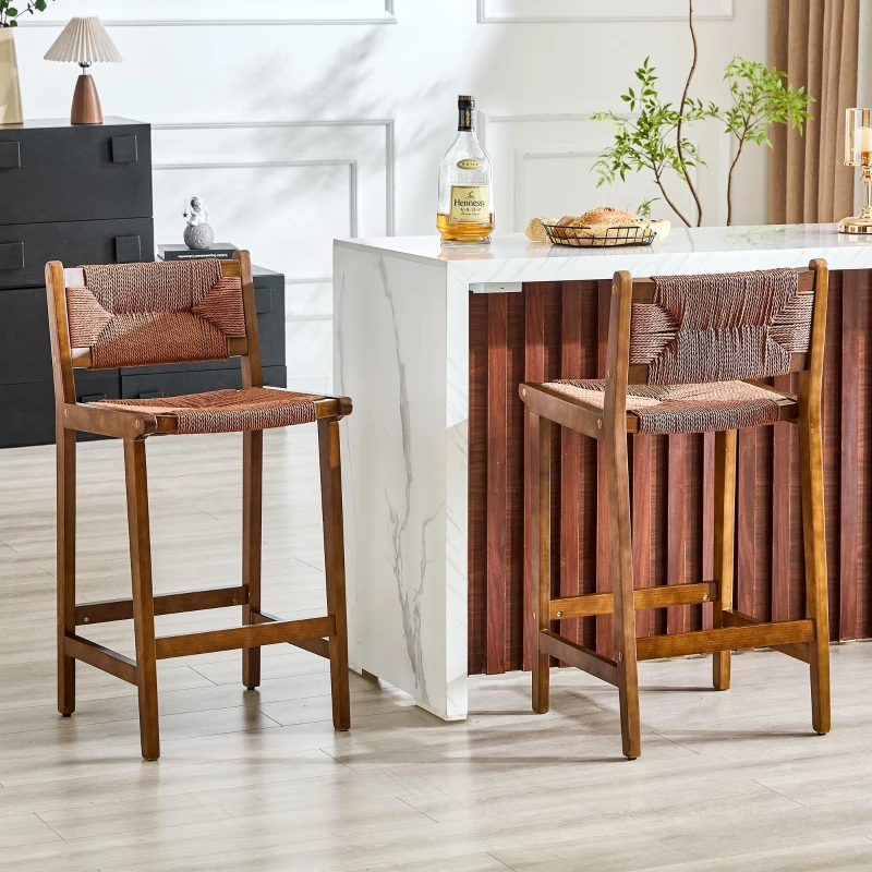 Lot de 2 tabourets de bar, charme maison de campagne, cadre en bois massif, 44x42x89 cm, Noyer